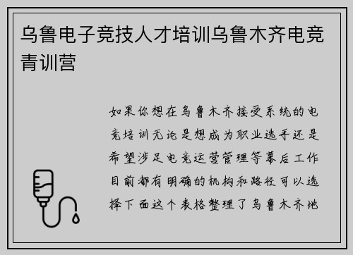 乌鲁电子竞技人才培训乌鲁木齐电竞青训营